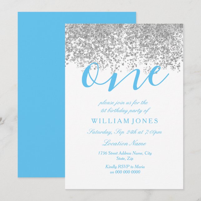 Blue Silver Boys 1st birthday party Invite (Front/Back)