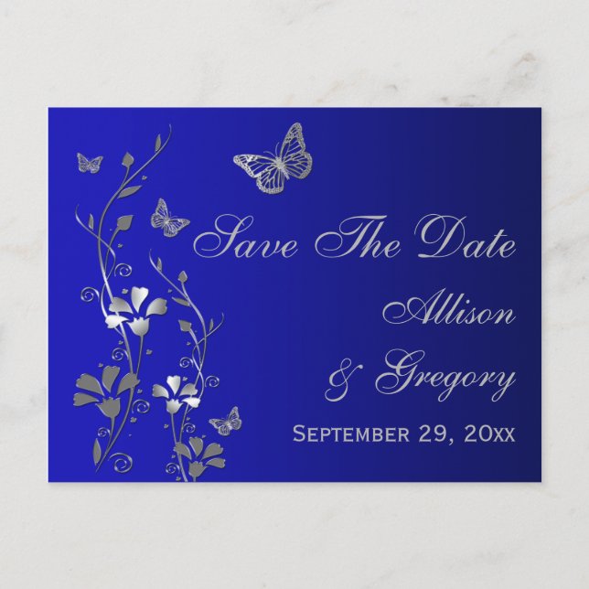 Blue, Silver Butterflies Save the Date Postcard (Front)