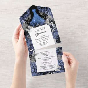 Blue silver butterfly sparkling gown birthday all in one invitation