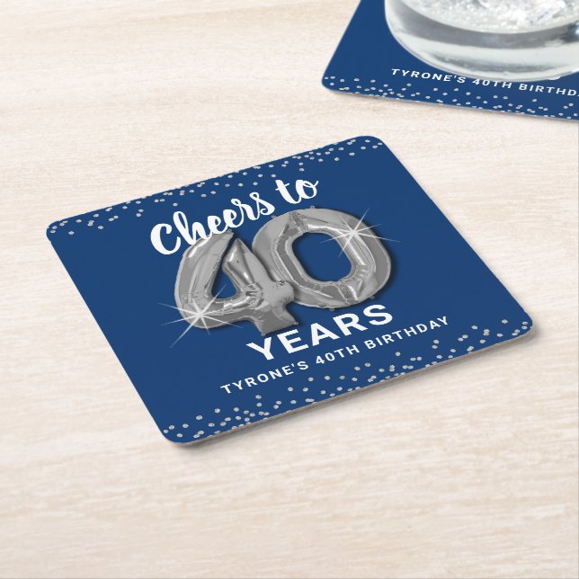Blue Silver Cheers to 40 Years Birthday Square Paper Coaster (Angled)