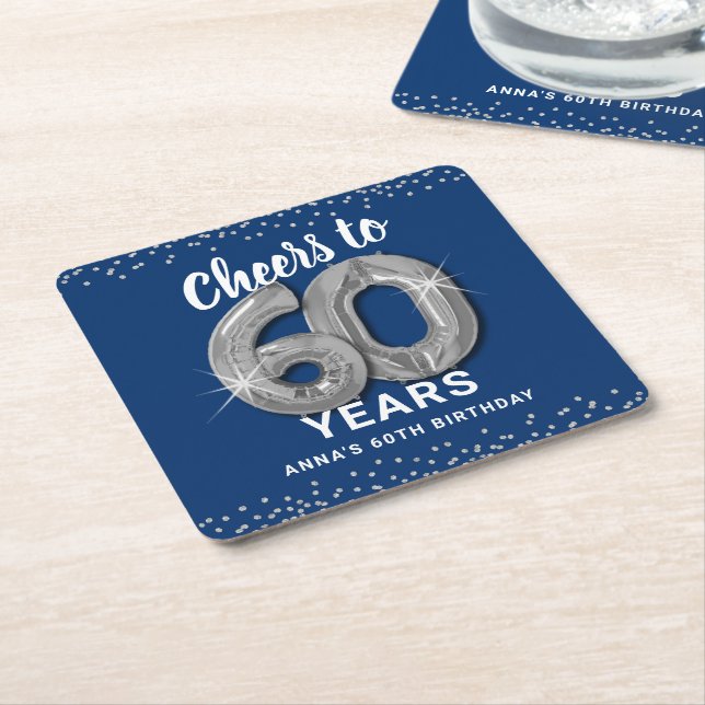 Blue Silver Cheers to 60 Years Birthday Square Paper Coaster (Angled)