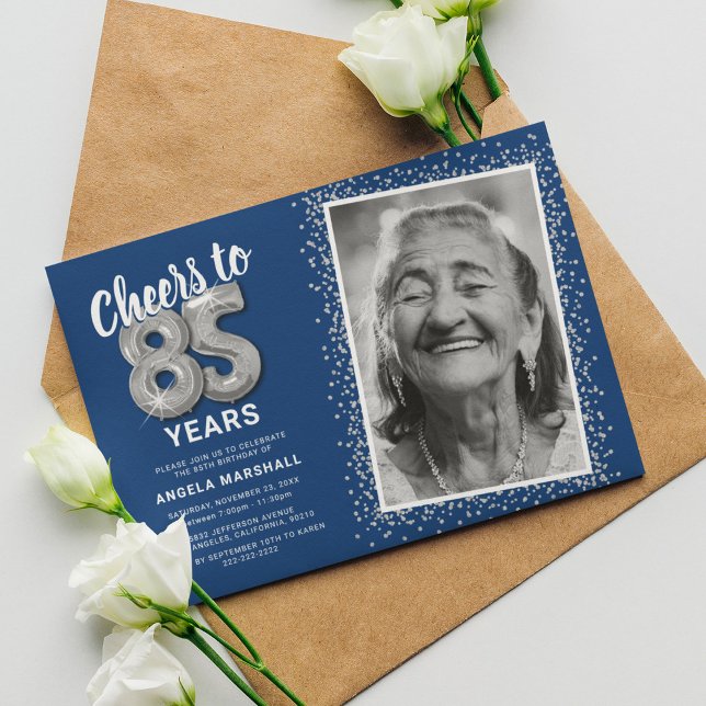 Blue Silver Cheers to 85 Years Birthday Invitation (Creator Uploaded)