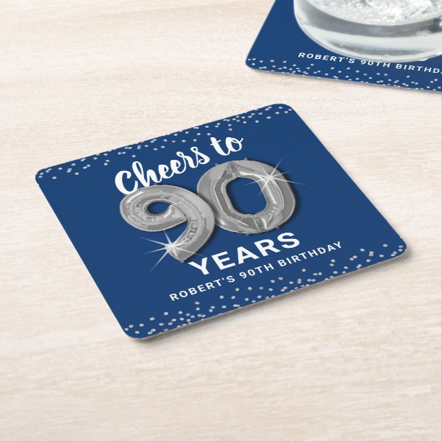 Blue Silver Cheers to 90 Years Birthday Square Paper Coaster (Angled)