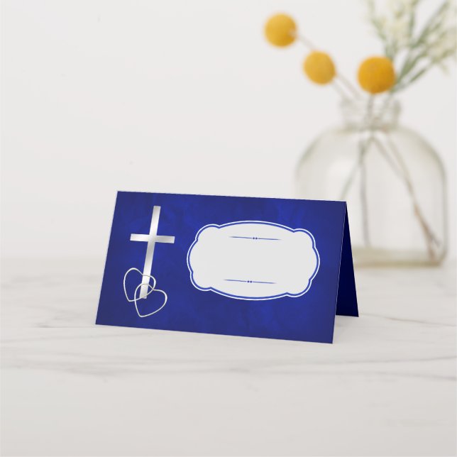 Blue Silver Christian Cross Wedding Place Card (Front)
