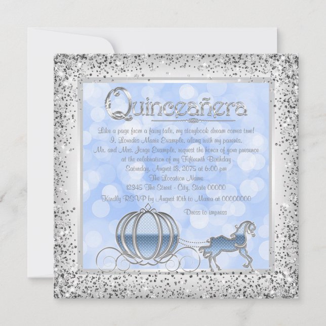 Blue Silver Cinderella Princess Quinceanera Invitation (Front)