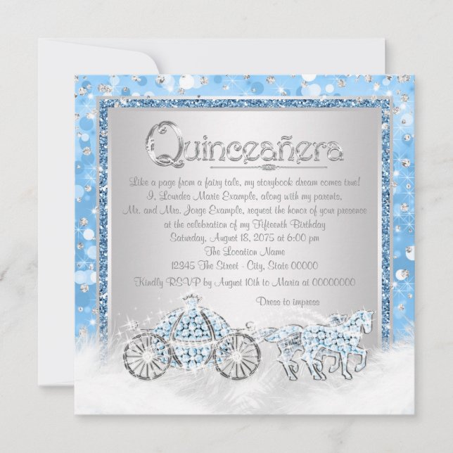 Blue Silver Cinderella Princess Quinceanera Invitation (Front)