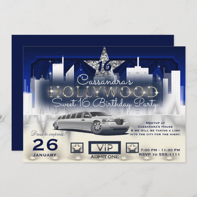 Blue Silver City Night Lights Limo Hollywood Party Invitation (Front/Back)