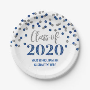 Blue Silver Confetti Graduation 2020 Paper Plate