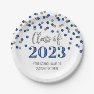 Blue Silver Confetti Graduation 2023  Paper Plates