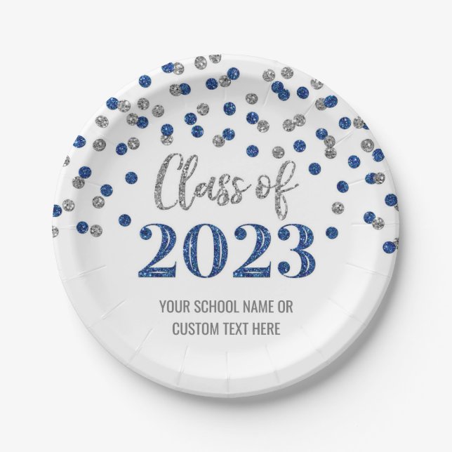 Blue Silver Confetti Graduation 2023  Paper Plates (Front)