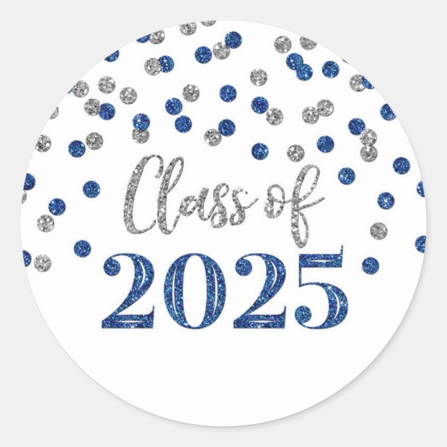 Blue Silver Confetti Graduation 2025 Classic Round Sticker (Front)