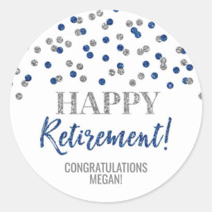 Blue Silver Confetti Happy Retirement Classic Round Sticker