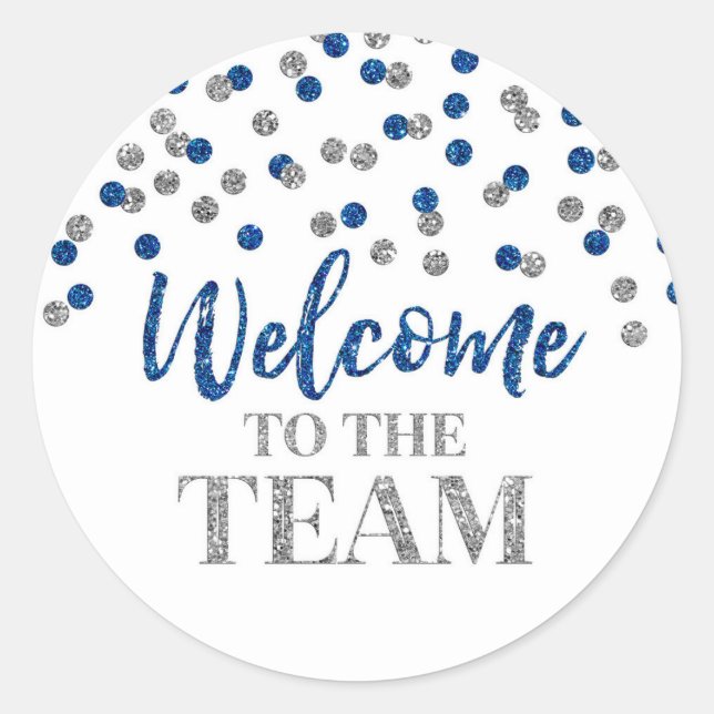 Blue Silver Confetti Welcome to the Team   Classic Round Sticker (Front)