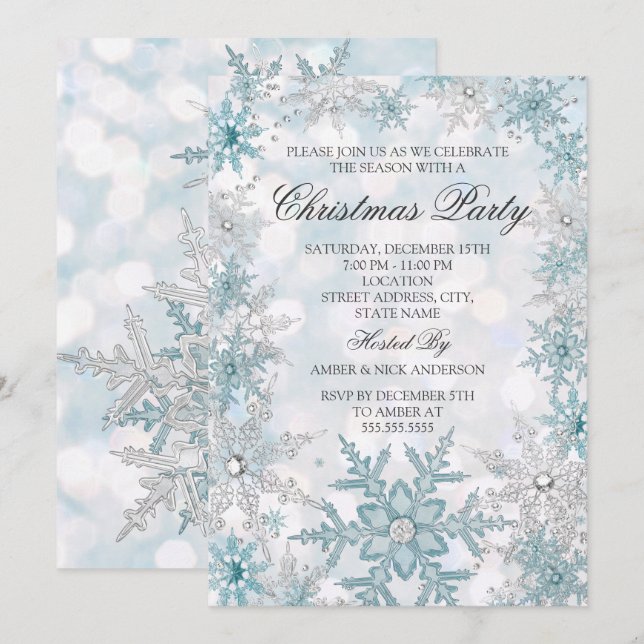 Blue Silver Crystal Snowflake Christmas Party 2021 Invitation (Front/Back)