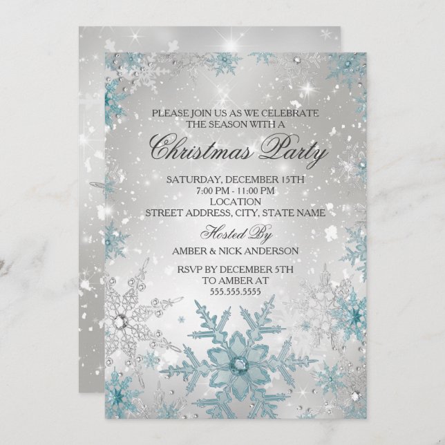 Blue & Silver Crystal Snowflake Christmas Party Invitation (Front/Back)