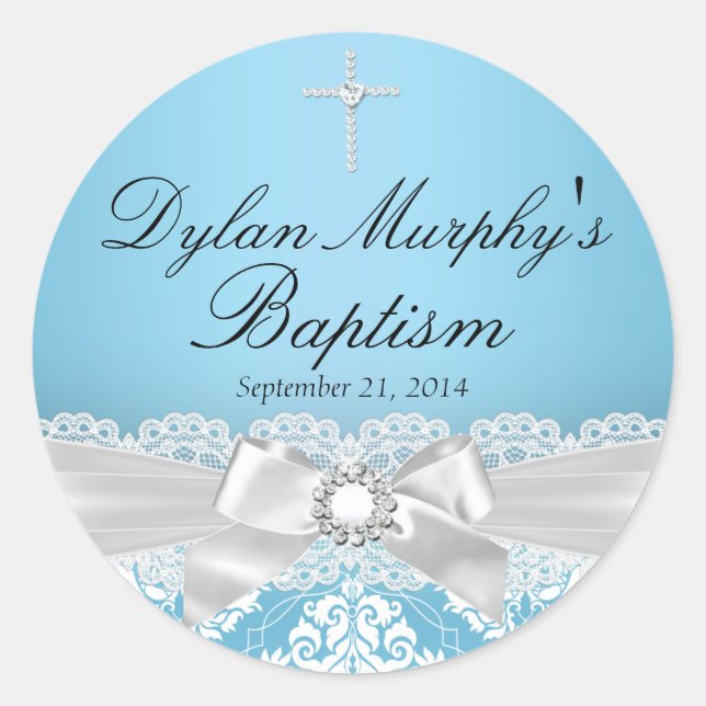 Blue Silver Damask & Bow Baptism Sticker (Front)