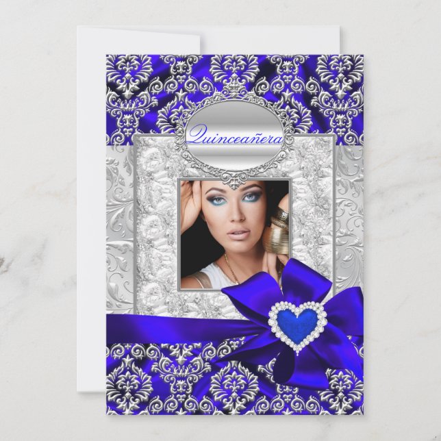 Blue & Silver Damask Quinceanera Announcements (Front)