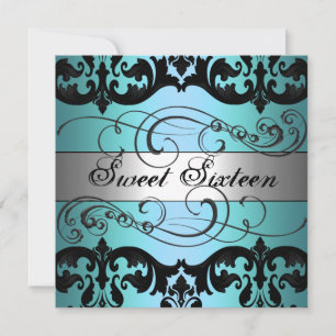Blue & Silver Damask Sweet 16 Birthday Invitation