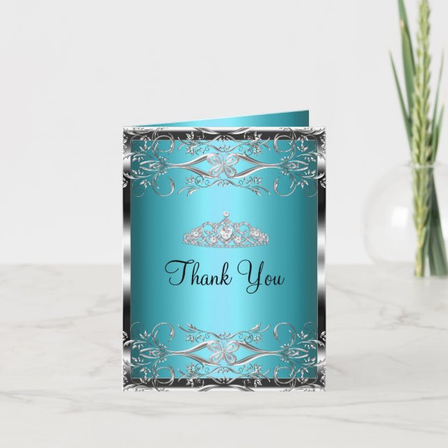 Blue Silver Damask & Tiara Sweet16 Thank You Card (Front)