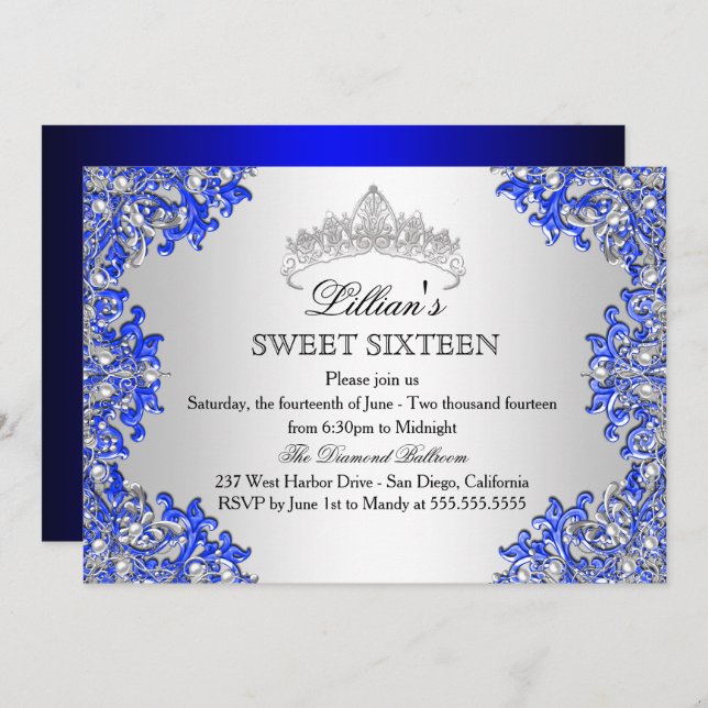 Blue Silver Damask Tiara Sweet 16 Invitation (Front/Back)