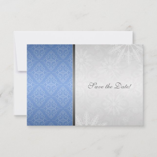 Blue Silver Damask with Snowflakes Save the Date (Front)