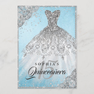 Blue Silver Diamond Lace Sparkle Gown Quinceanera Invitation