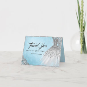 Blue Silver Diamond Sparkle Gown Quinceanera Thank You Card