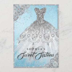 Blue Silver Diamond Sparkle Gown Sweet Sixteen Invitation