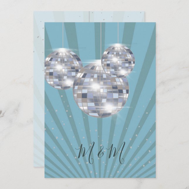 Blue Silver Disco Sun Rays Chic Wedding Invitation (Front/Back)