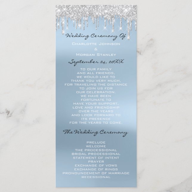 Blue Silver Drips Event Wedding Program Formal Programme (Front)