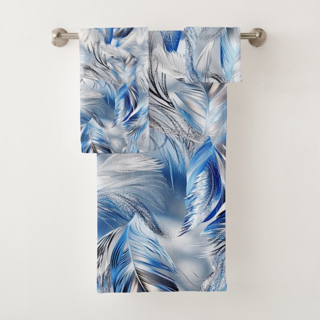 Blue Silver Feathers Elegant Modern and Stylish Bath Towel Set (Insitu)