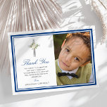 Blue Silver First Holy Communion Photo Thank You<br><div class="desc">Elegant first holy communion thank you cards featuring a simple white background that can be changed to any colour,  a navy blue double border,  a religious silver cross with white flowers,  a photo of your child,  and a modern thank you template that is easy to personalise.</div>