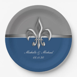 Blue Silver Fleur de Lis Paper Plate