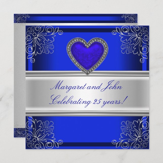 Blue Silver Floral 25th Anniversary Party Event Invitation (Front/Back)