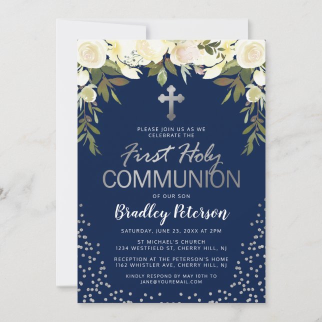 Blue Silver Floral Boy First Holy Communion Invitation (Front)
