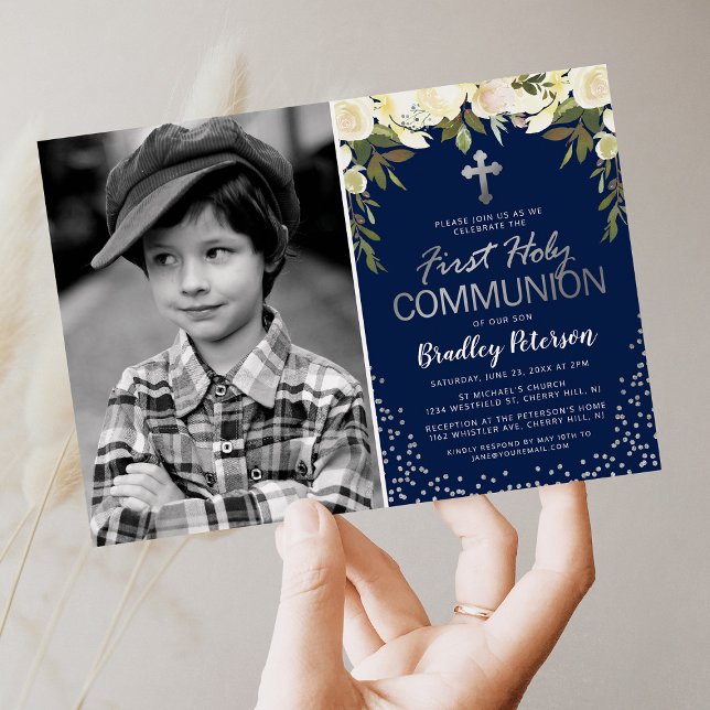 Blue Silver Floral Boy First Holy Communion Photo Invitation (Creator Uploaded)