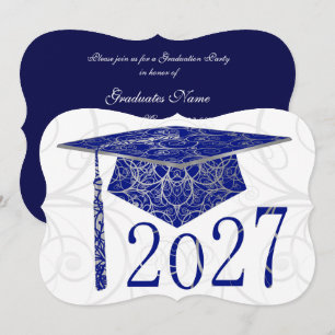Blue & Silver Floral Cap 2027 Graduation Party Invitation