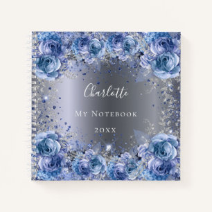 Blue silver floral glitter dust metallic name notebook