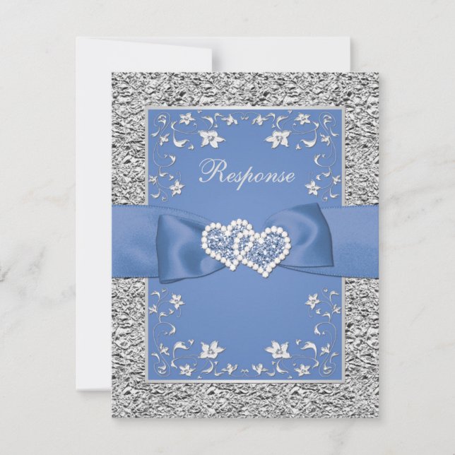 Blue Silver Floral Hearts FAUX Foil Wedding RSVP (Front)