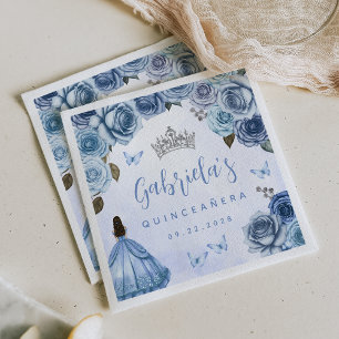 Blue Silver Floral Quinceañera Party Napkin