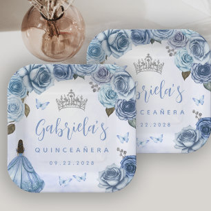 Blue Silver Floral Quinceañera Party Paper Plate