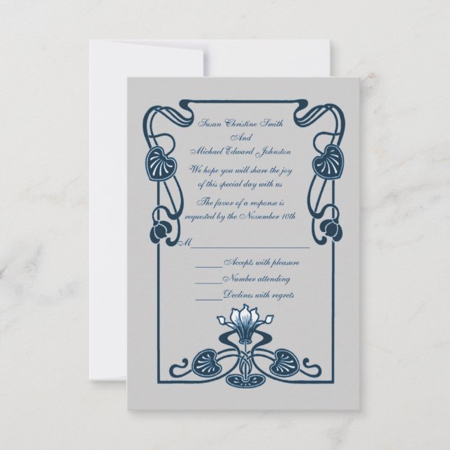 Blue Silver Floral Swirls Wedding  RSVP Card (Front)