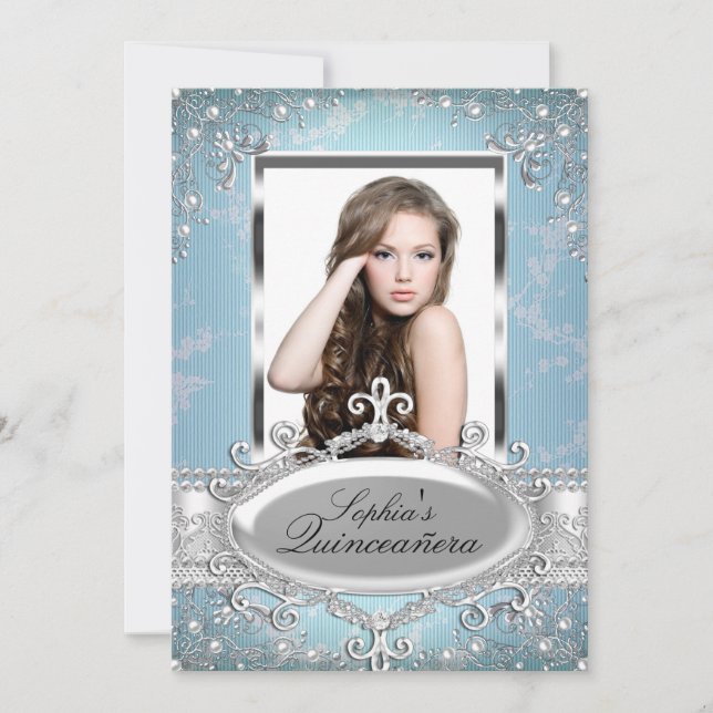 Blue Silver Floral Vintage Glamour Quinceanera Invitation (Front)