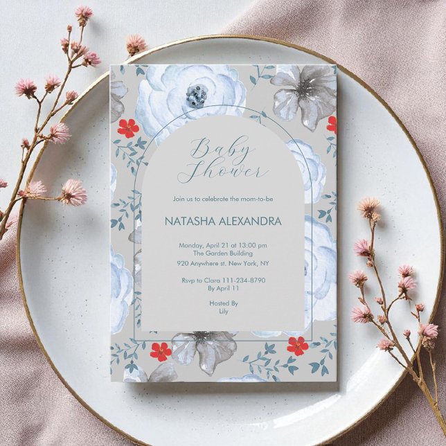 Blue Silver Floral Winter Baby Shower Elegant Boho Invitation (Creator Uploaded)