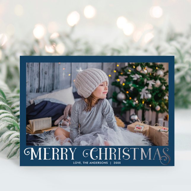 Blue Silver Foil Modern Merry Christmas photo (Creator Uploaded)