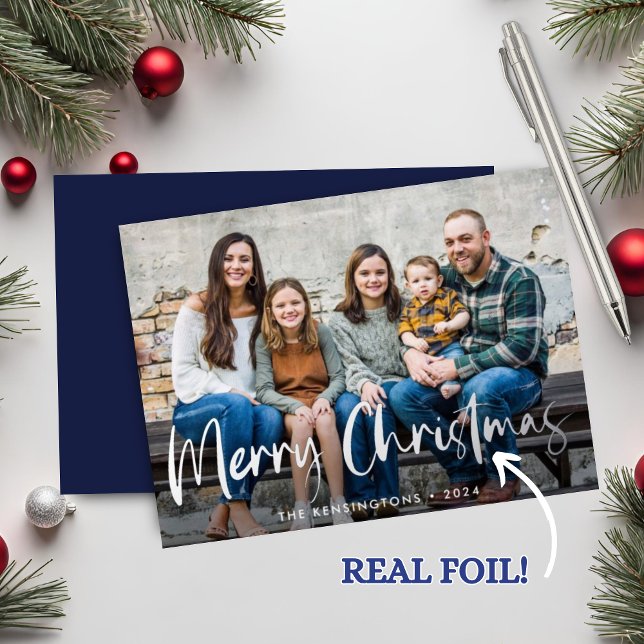 Blue Silver Foil Script Christmas Holiday Photo (Blue Silver Foil Script Christmas Holiday Photo Card)