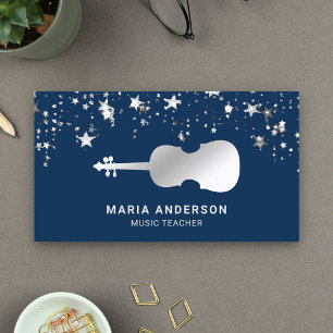 Blue Silver Foil Violin Music Teacher Violinist Business Card
