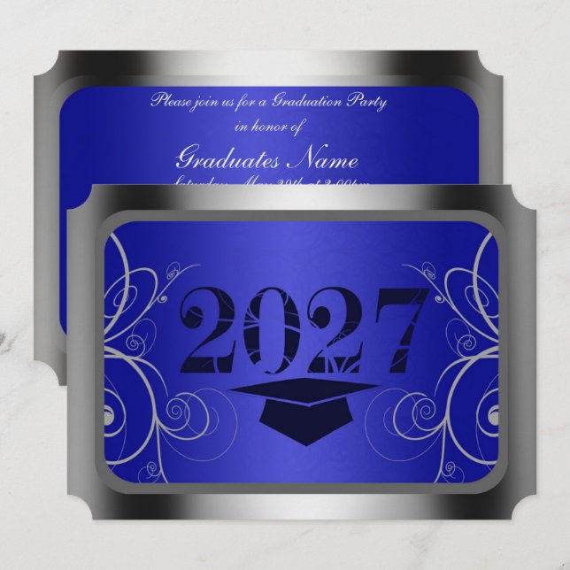 Blue & Silver Frame Graduation Party Invitation (Front/Back)