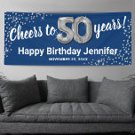 Blue Silver Glitter 50th Birthday Banner<br><div class="desc">Elegant fiftieth birthday party banner featuring a stylish blue background that can be changed to any colour,  silver sparkly glitter,  fifty silver hellium balloons,  and a modern 50th birthday celebration text template that is easy to personalise.</div>