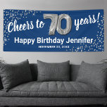 Blue Silver Glitter 70th Birthday Banner<br><div class="desc">Elegant seventieth birthday party banner featuring a stylish blue background that can be changed to any colour,  silver sparkly glitter,  seventy silver hellium balloons,  and a modern 70th birthday celebration text template that is easy to personalise.</div>